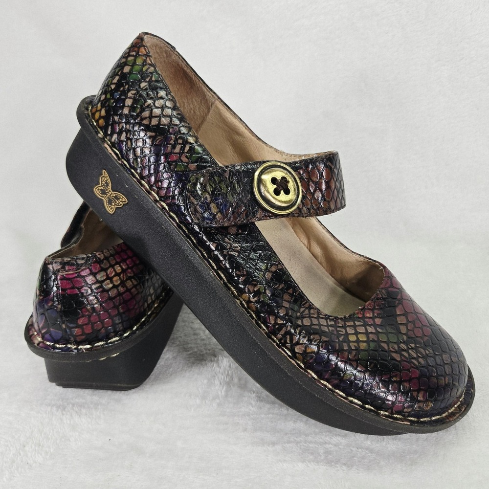 Alegria Shoe Women 7.5 Multicolor Mary Jane Leather Snake Print Rainbow Colorful